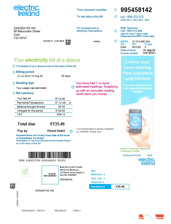 IRELAND ELECTRIC IRELAND business utility bill Word and PDF template PSD template